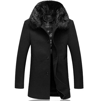 LONMMY 5XL шерстяное пальто с меховым воротником, мужское шерстяное пальто, повседневная куртка, Мужская верхняя одежда, однобортная, бархатная, утепленная, зима - Цвет: black 1604