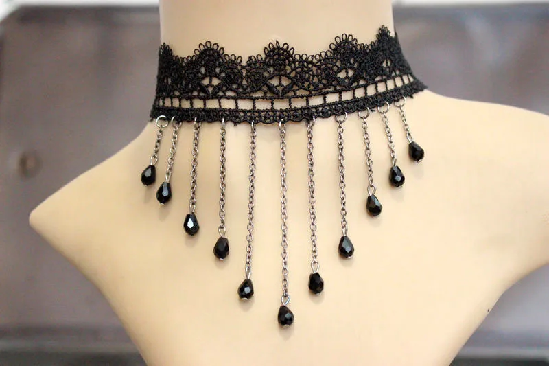Tassel Summer Jewelry Women Black Lace Choker Necklaces Neckless Maxi Chocker Waterdrop Crystal Necklace for Laides Gift | Украшения и