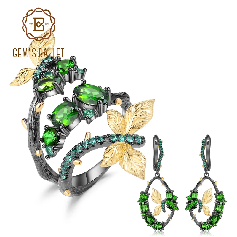 

GEM'S BALLET Natural Chrome Diopside Original Jewelry Set For Women 925 Sterling Silver Handmade Adjustable Ring Earrings Sets