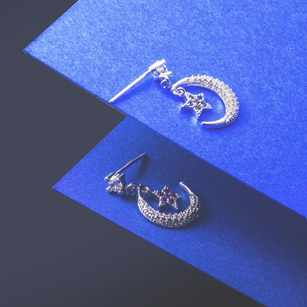 Серьги-пусеты YUN RUO Micro Pave циркониевый камень Moon Star S925 серебряные гипоаллергенные