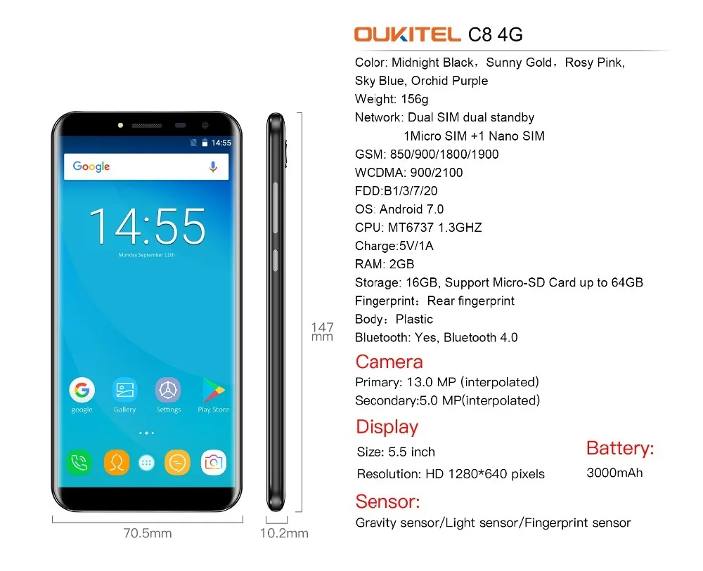 Восстановленный мобильный телефон Oukitel C8 4G 5 'ཎ:9 HD экран четырехъядерный 2 Гб 16