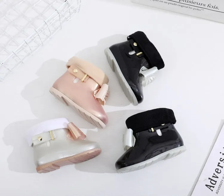 Mini Melissa/зимние резиновые сапоги с бантом; оригинальные 1:1 сапоги для девочек; Новинка года; прозрачные сандалии для девочек; детские непромокаемые ботинки для малыша из водонепроницаемого материала
