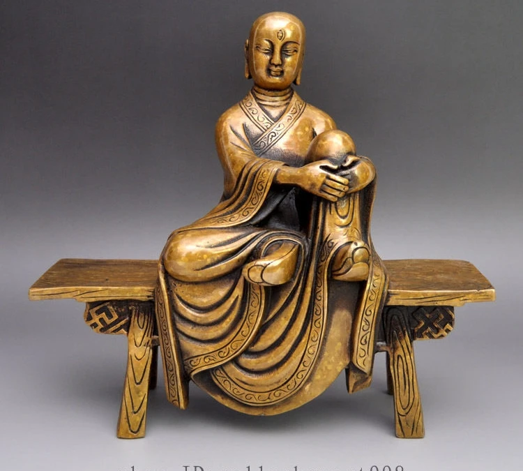 

8 дюймов тибетская бронзовая Kshitigarbha Сидящая деревянная табуретка Удобная статуя Будды arhat