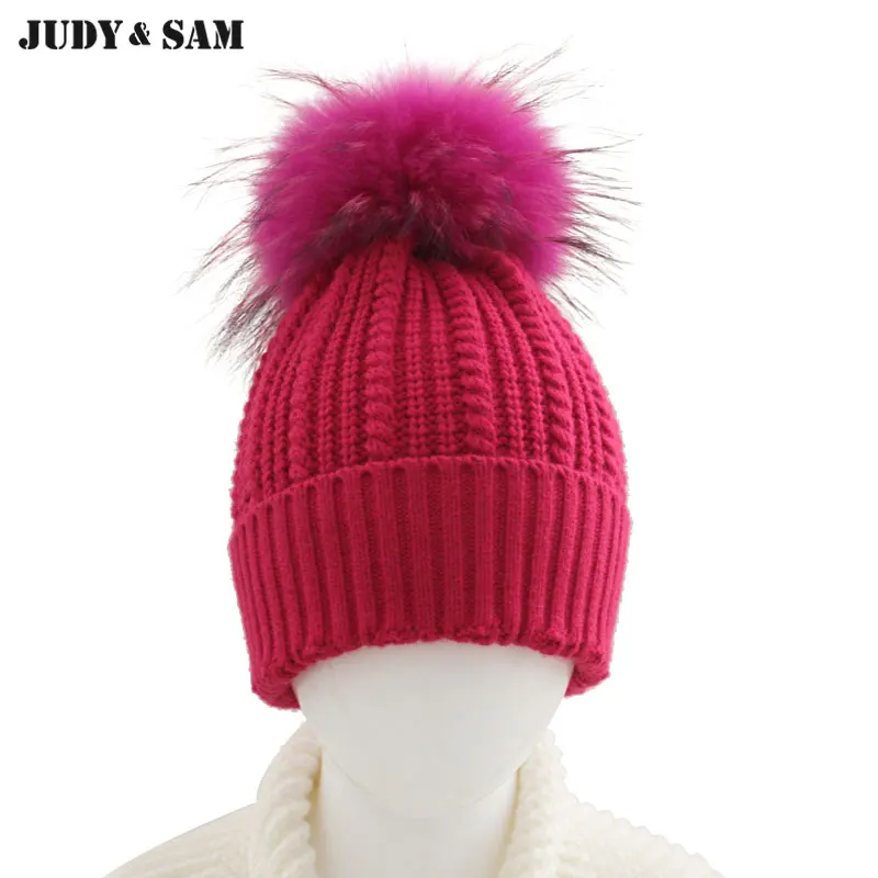 

JS FUR Brand Wool Blend Girls Hat Warm Winter with Genuine Dyed Raccoon Fur Pom Poms Lovely Kids Cap For Boys Beanie