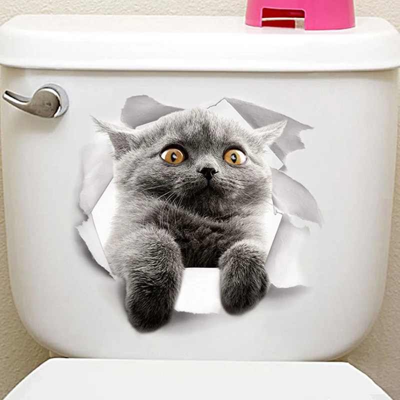 Отверстие вид Cat 3D стены Стикеры Ванная комната туалет детская украшение