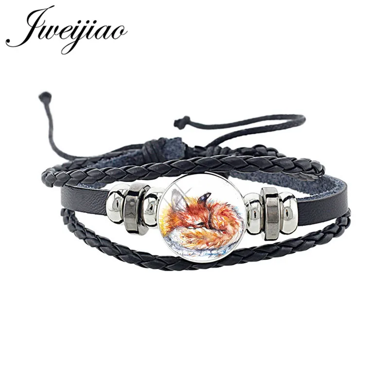 WF16 JWEIJIAO, новинка, милый браслет в виде лисы, стекло, изображение животного, кабошон, очаровательный черный браслет из искусственной кожи, браслет, браслет в стиле панк, ювелирное изделие, подарок CN96 - Окраска металла: WF16