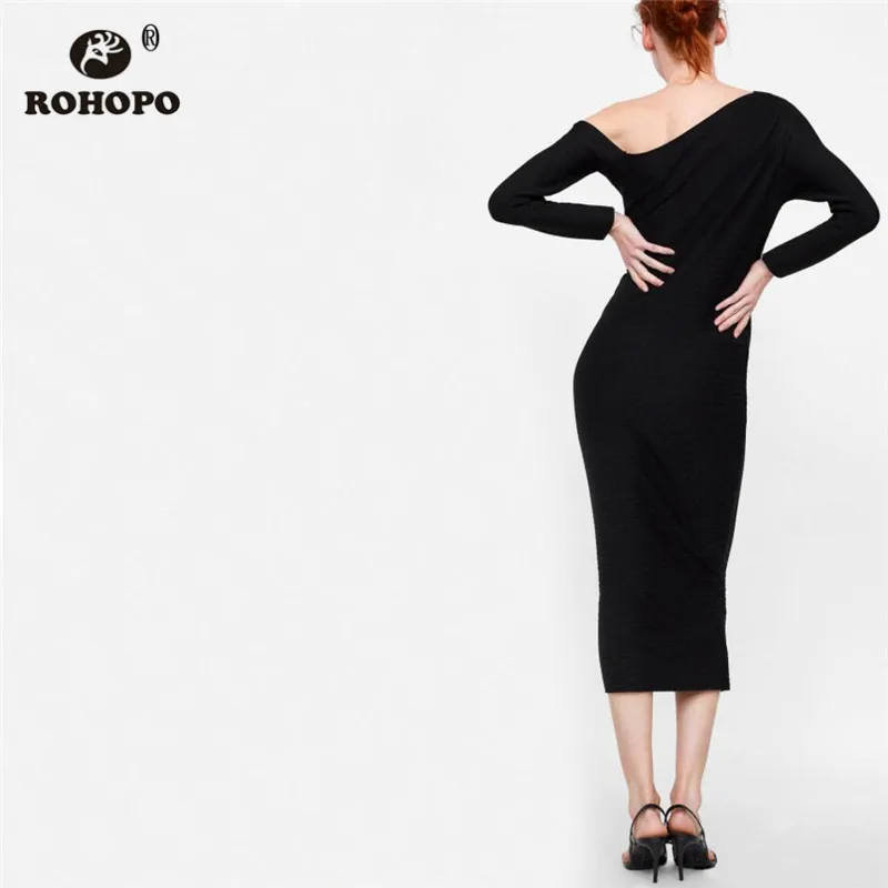 ROHOPO One Shouder Autumn Long Sleeve Midi Dress Solid Black Knitted Elastic Slim Body Straight Casual Vestido #UK8647 | Женская одежда