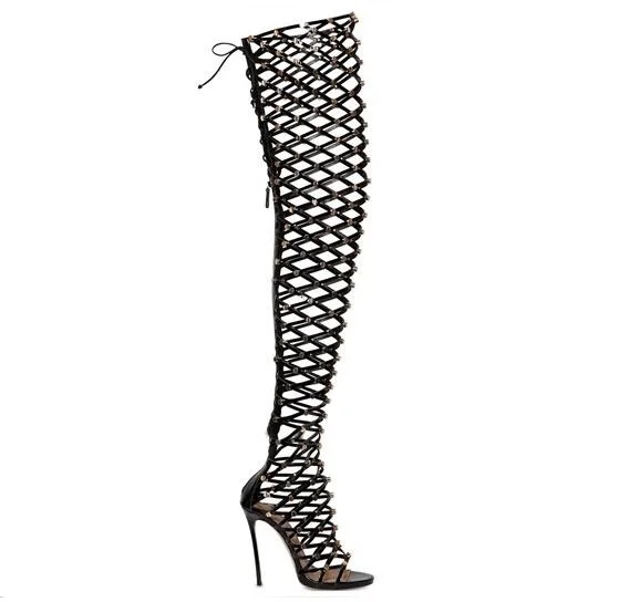 

Black Patent Leather Gold Studded Over The Knee Boot Thin Heels Peep Toe Back Zipper Cut-out Glatiator Sandal Boots For Woman