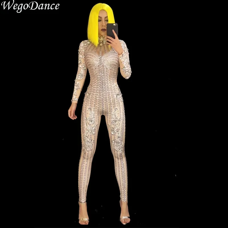 

New Women sparkling Rhinestones long sleeve jumpsuit Nightclub singer dance Stage Wear Costume freeshipping