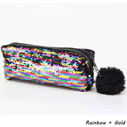 Rainbow and Gold Блестящий чехол-карандаш с блестками для девочек, школьные принадлежности, Большой Вместительный чехол-карандаш с помпоном, школьные канцелярские принадлежности, Подарочный чехол-карандаш - Цвет: Rainbow and Gold