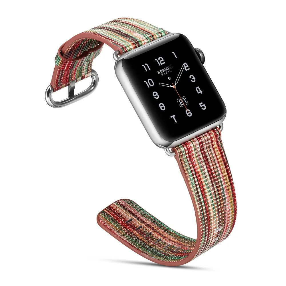 National style Painted Leather Watch Band Strap for Apple colorful pattern Wrist Bracelet iwatch 44/40/42/38MM | Наручные часы