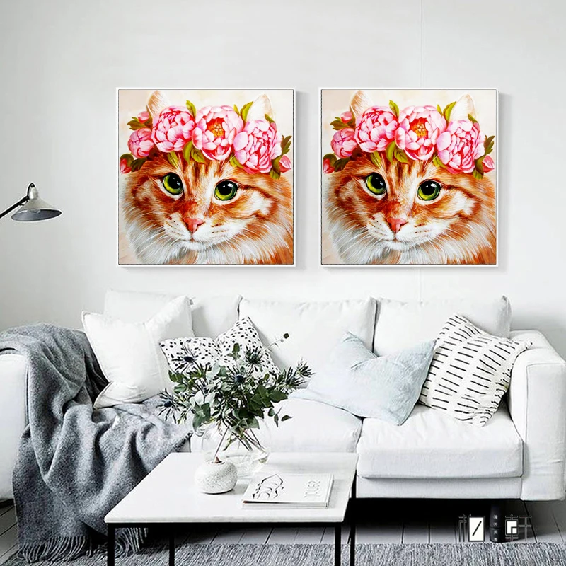 Diy 5D Diamond Painting Animal Full Round Mosaic Cat and Flower Embroidery Pattern Handmade Gift | Дом и сад