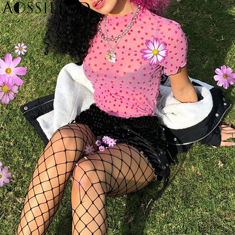 AOSSILIND сексуальная прозрачная укороченная футболка женская с принтом короткий