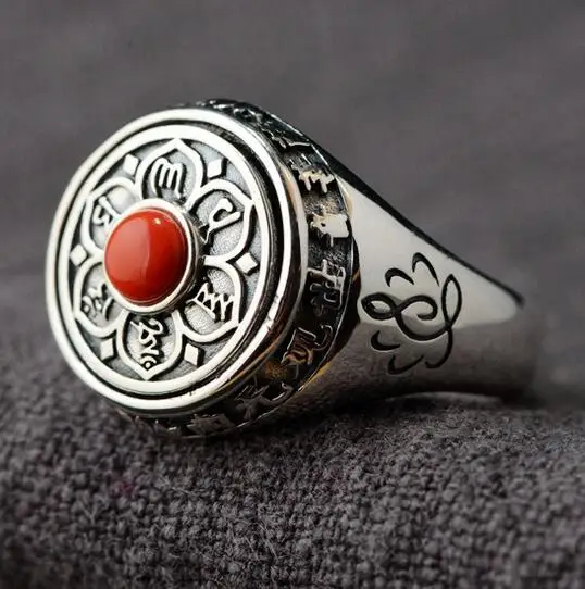 Silver Agate 925 серебро тибетская шесть слов пословица спиннинговое кольцо 925 пробы поворотное кольцо на удачу буддийская ОМ мантра - Цвет основного камня: Silver Agate