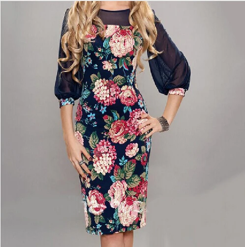 Летом Стиль Элегантный Цветок Печати Новый Колен Платье для леди шеи экипажа Три