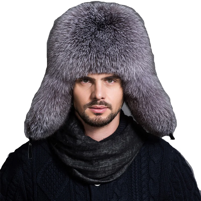 Star Fur 2021 Genuine Silver Fox Fur Hats Men Real Raccoon Fur Lei Feng Cap for Russian Men Bomber Hats with Leather