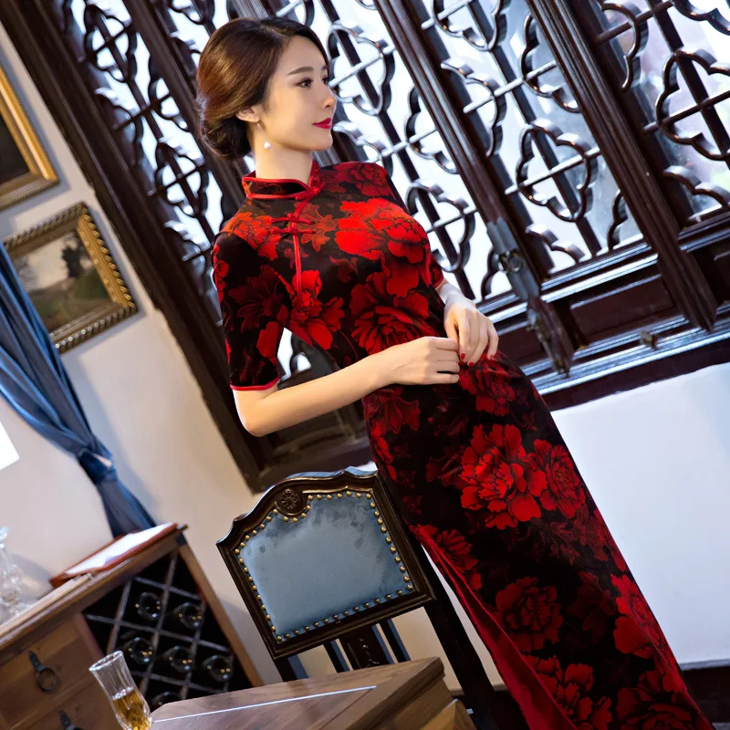 Черный красный длинный тонкий Для женщин Cheongsam Китайский Дамы Велюр Qipao Новинка