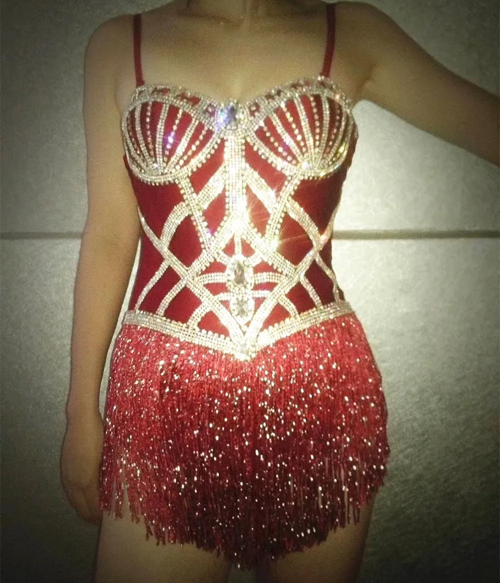 Sparkly Silver Rhinestones Red Tassel Bodysuit Women's Birthday Celebrate Dance Outfit Evening Party Female Singer Show Clothes