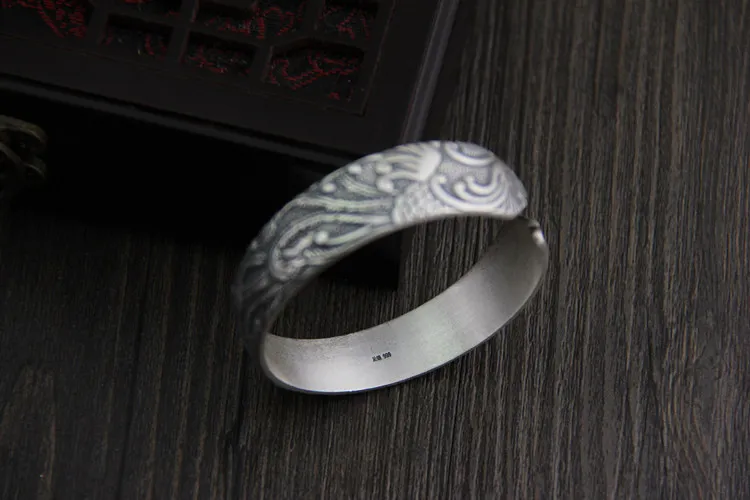 Ethical 925 Sterling Thai Silver Bracelets Bangles Antique Open Size Carved Peacock Peony Wide Cuff Bangle S925 Jewelry | Украшения и