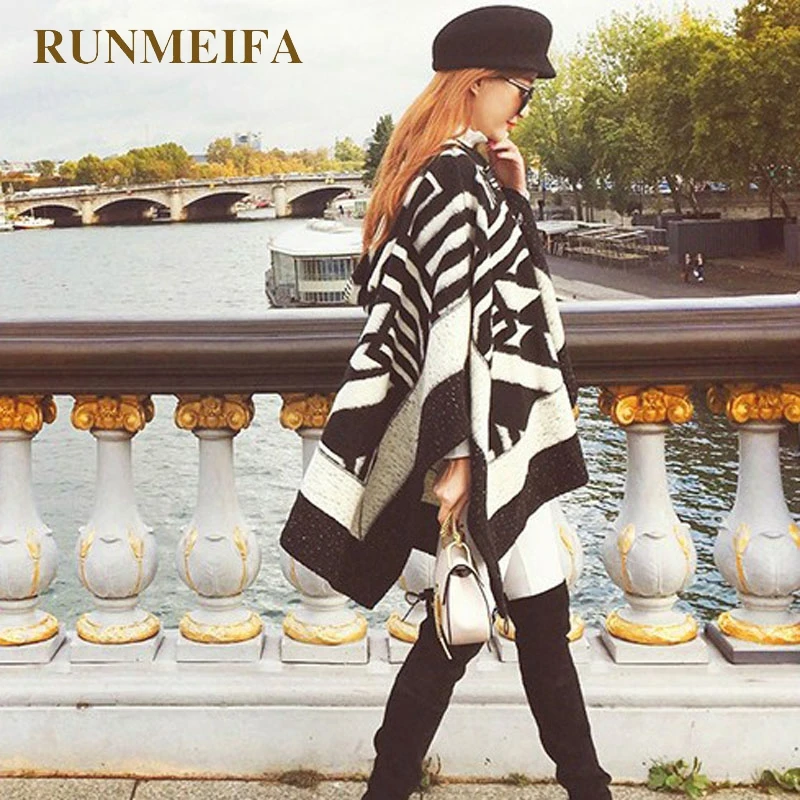 [RUNMEIFA] пончо черный и белый полосатый кашемировый шарф модный шарф плотный большой размер зимняя Шаль женские теплые шарфы