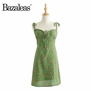 Bazaleas, зеленое летнее платье с цветочным принтом, Vestido, сексуальное винтажное мини-платье с завязками на груди, женское платье на бретельках, Прямая поставка - Цвет: W2639 green
