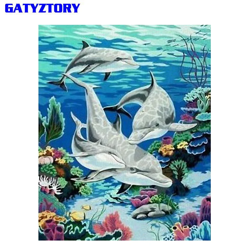 GATYZTORY Безрамное Дельфин Животное IY краска по номерам настенная Художественная Картина Краска по номерам Холст Краска для домашнего декора произведение искусства