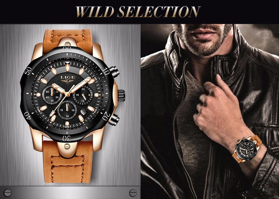 Relojes Hombre, новинка, кварцевые наручные часы LIGE, мужские часы с большим циферблатом, золотые, черные, кожаные часы, мужские спортивные водонепроницаемые часы с хронографом