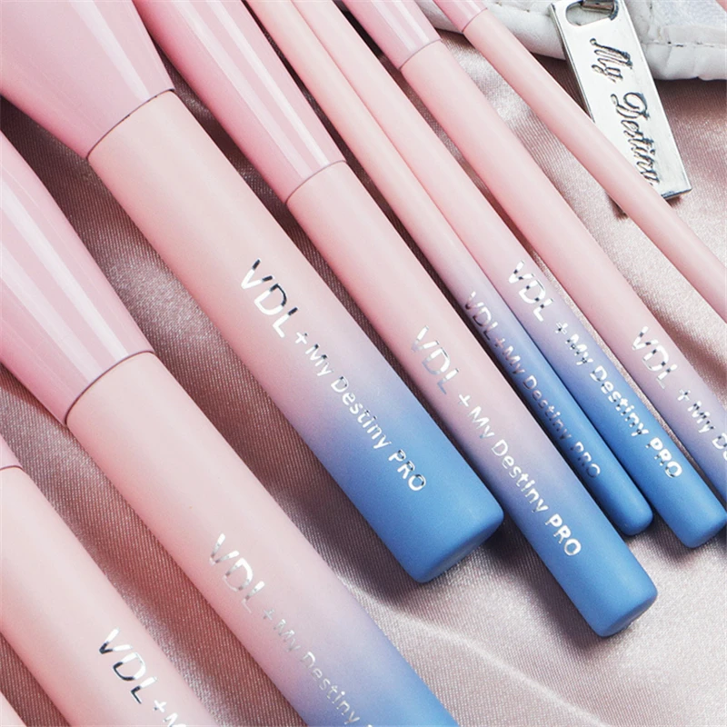 VDL+ My Destiny Pro 14Pcs Makeup Brushes Set Gradient Pink Yellow Soft Blusher Powder Complete Cosmetic Brush Kit with Bag