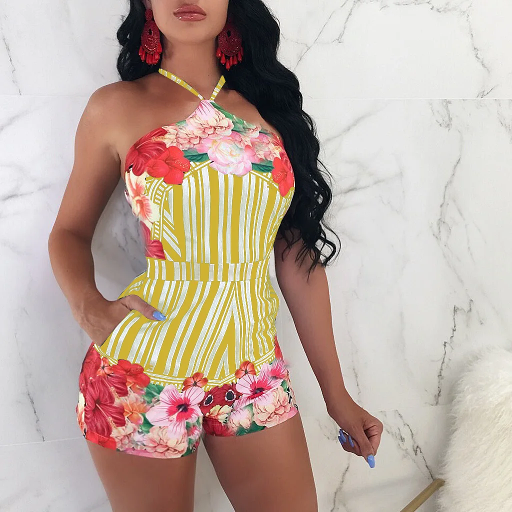 Adogirl цветочный принт полосатые модные сексуальные женские костюмы Холтер с открытой спиной летние шорты комбинезон Женская пляжная одежда Клубные Комбинезоны