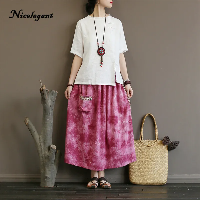 Nicelegant Vintage Art Tie Dye Long Skirt Women Cotton Summer Chinese Style Loose Tibetan Embroidery Female Split | Женская одежда