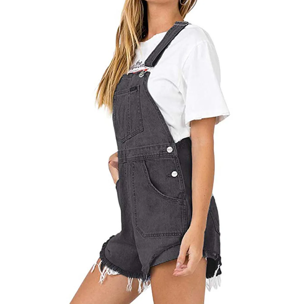 2019 Newest Spring Summer Sexy Fashion Women Denim Bib Loose Fringe Shorts High Waist Sling Siamese Jumpsuit #2019.5.21 | Женская одежда