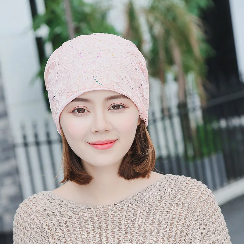 Turban Hats For Women Beanies Ladies Double Layer Lace Flower Bonnet Femme Female Baggy Cap 2018 New Summer Autumn Beanie | Аксессуары