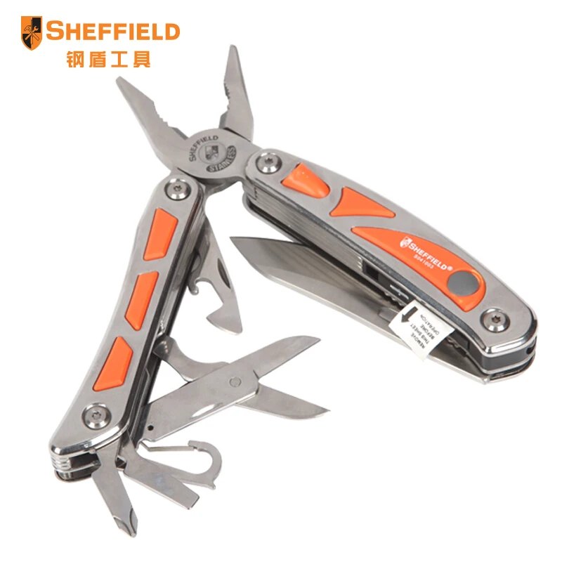 

Sheffield S041003 12 in 1 Multitool Pliers foldable long nose pliers wire cutter stripper opener screwdriver knife key ring