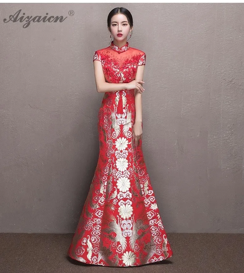 Красные модные китайский вечернее китайское платье-Ципао Oriental Стиль Русалка Cheongsam Длинные платья тонкий хост Qi Pao вечерние винтажное платье