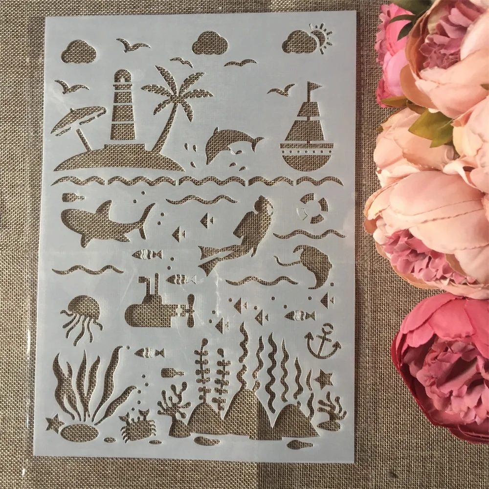 

1Pcs A4 Sea Ocean World DIY Layering Stencils Wall Painting Scrapbook Coloring Embossing Album Decorative Card Template