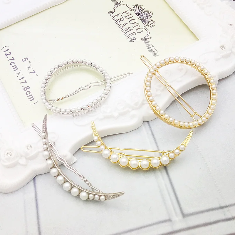 

Hot Sale Women Girls Fashion PEARL round and moon shape Hair Clips alloy Hairpins Female Hair Styling Accessories F024