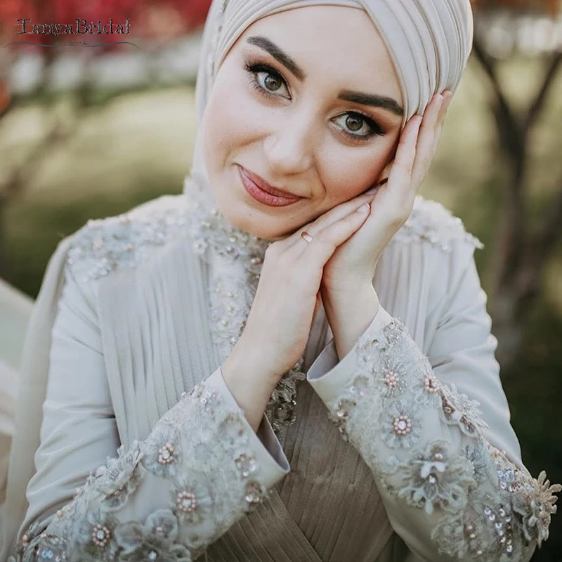 

Khaki Muslim Wedding Dresses Long Sleeve Chiffon Elegant African Dubai Bridal Gowns Long Sleeve ALine Noivas DW128
