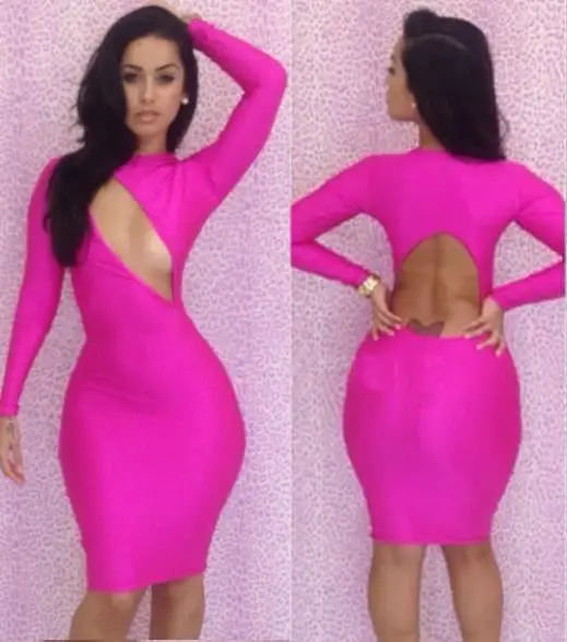 2014 4 Color New Women Sexy Cut Out Back Long Sleeve Bandage bodycon Midi Dresses Night Club wear Pencil Dress | Женская одежда