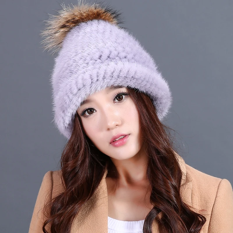 natural mink fur hat with pom pom autumn winter warm knitted fur caps 6colors  natural raccoon and fox fur ball beanies H148