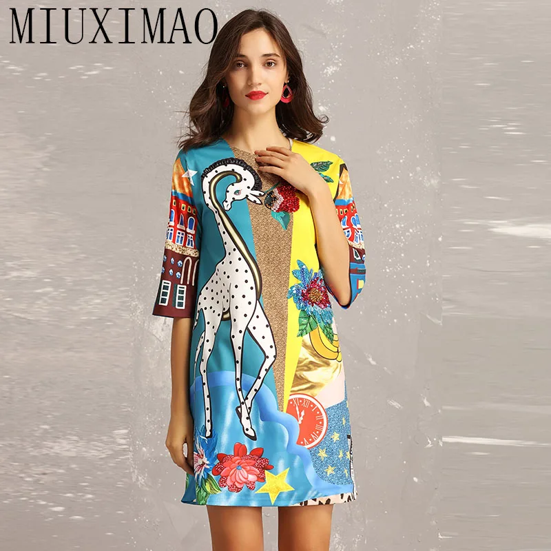 

High Quality 2019 Runway Summer & Autumn Casual Straight O-Neck Half Sleeve Elegant Giraffe Print Dress Women vestido