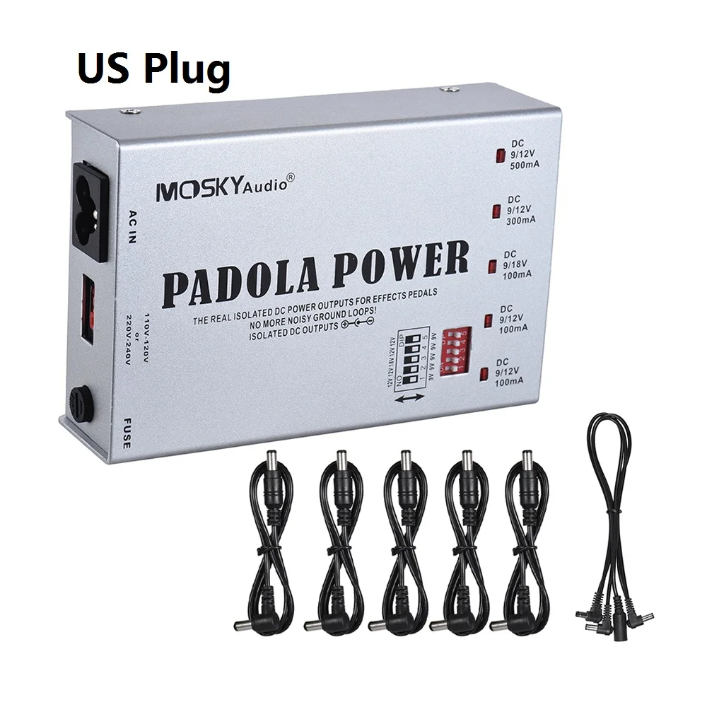 Silver x US Plug MOSKY гитарный эффект педаль электропитания 5 изолированных выходов для DC 9 в 12 В 18 в гитарная педаль с защитой от короткого замыкания - Цвет: Silver x US Plug