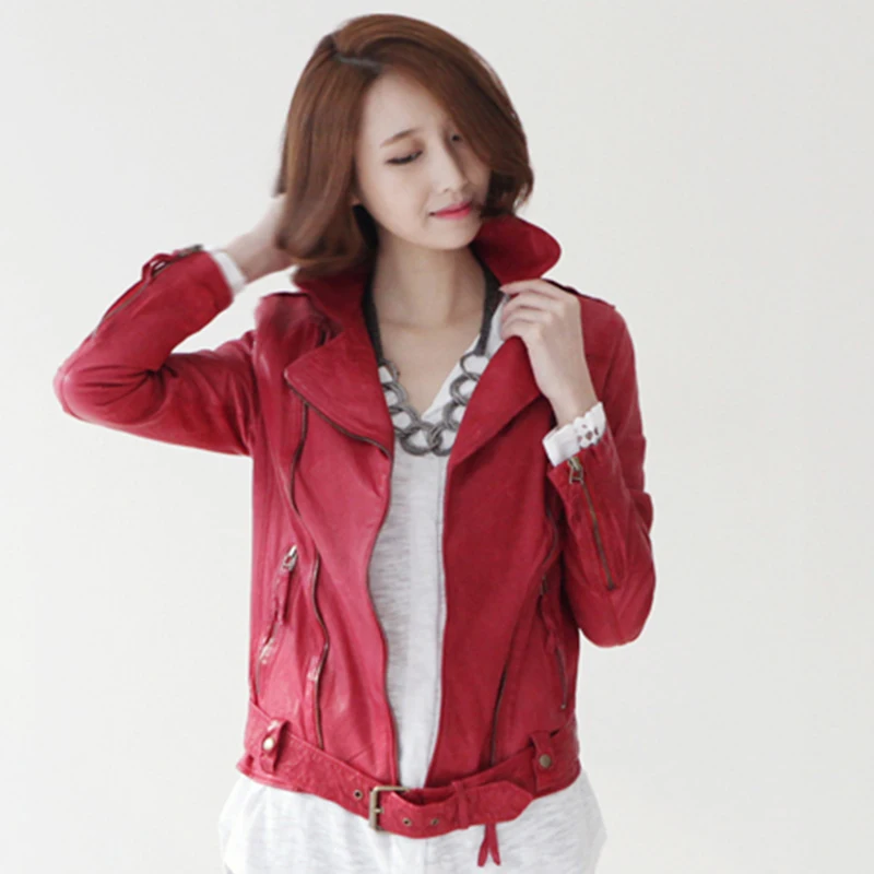 Женские короткие кожаные куртки винно красная овечья кожа мотоциклетная одежда