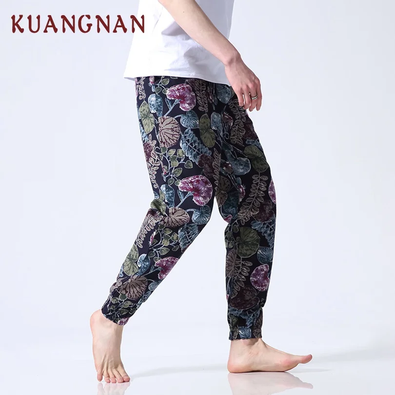 KUANGNAN, китайский стиль, длина по щиколотку, мужские брюки, хип-хоп штаны для бега, мужские спортивные штаны, Японская уличная одежда, мужские штаны - Цвет: Leaves