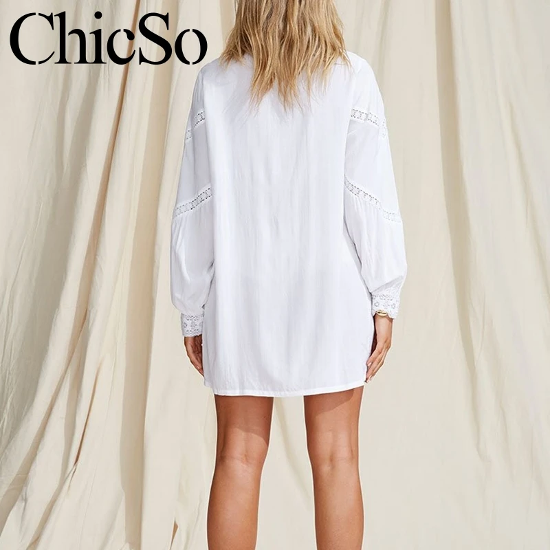 Женская ажурная блузка MissyChilli с длинным рукавом Белая Летняя хлопковая на