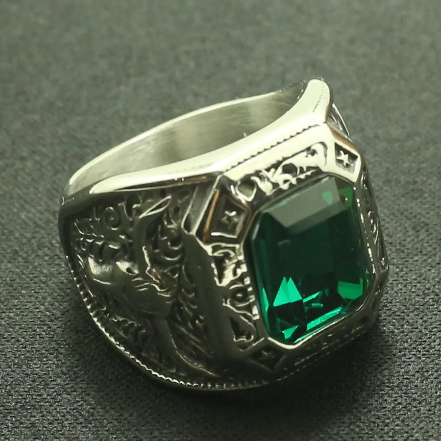 

Cool Men Boys 316L Stainless Steel Cowboy Hat Rhinoceros Horn Green Stone Ring Great Gift For Friend