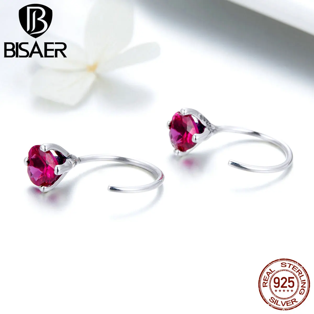 BISAER Аутентичные 925 пробы Серебряное сердце, для влюбленных, серьги со шпилькой, для Для женщин Розовый Камень CZ кубический цирконий серьги ювелирные изделия ECE531