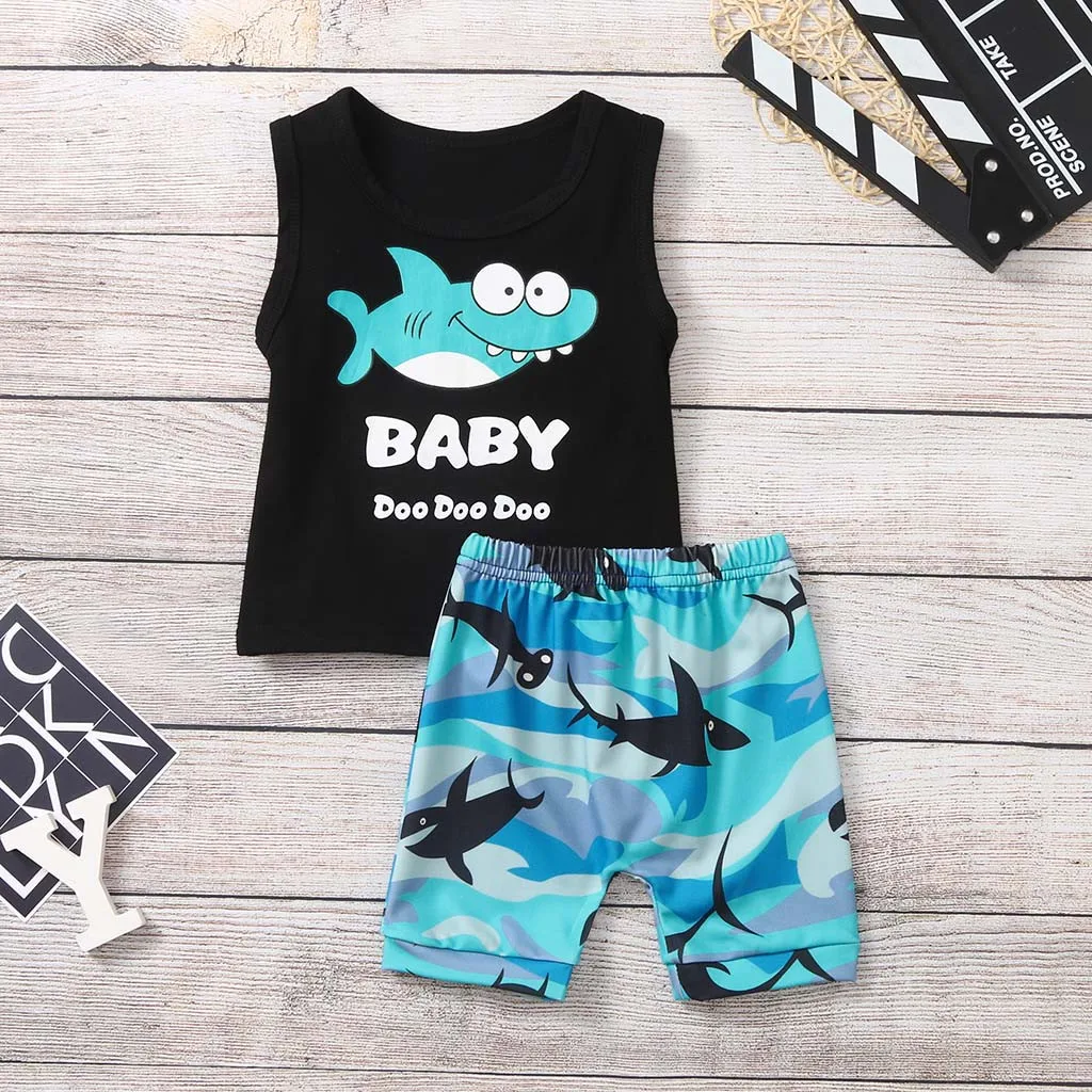 Toddler Boy Clothes Set Child Infant Cartoon Shark Letter Printed Vest Tops+Shorts Children Clothing For Boys 1 2 3 4 Years | Детская