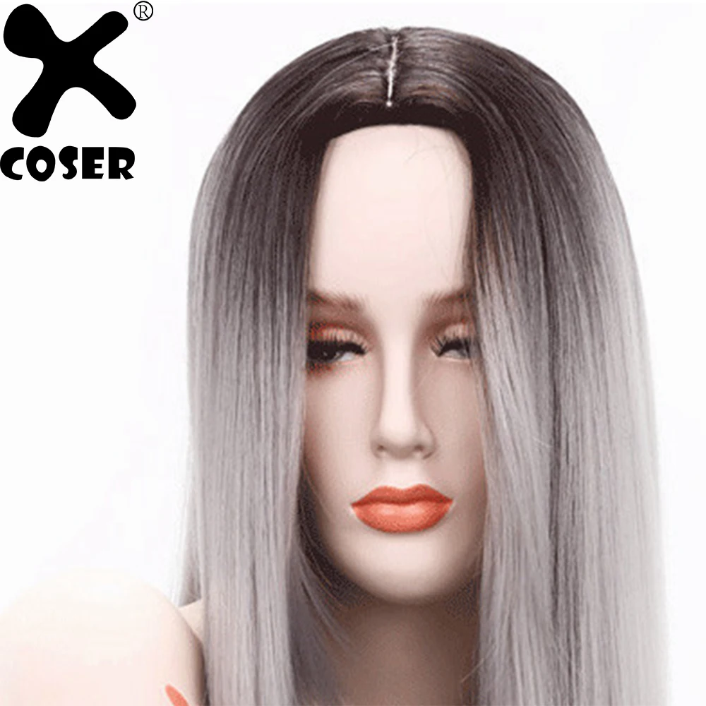 XCOSER новый модный двухцветный черный и серый Омбре длинные прямые волосы Copslay