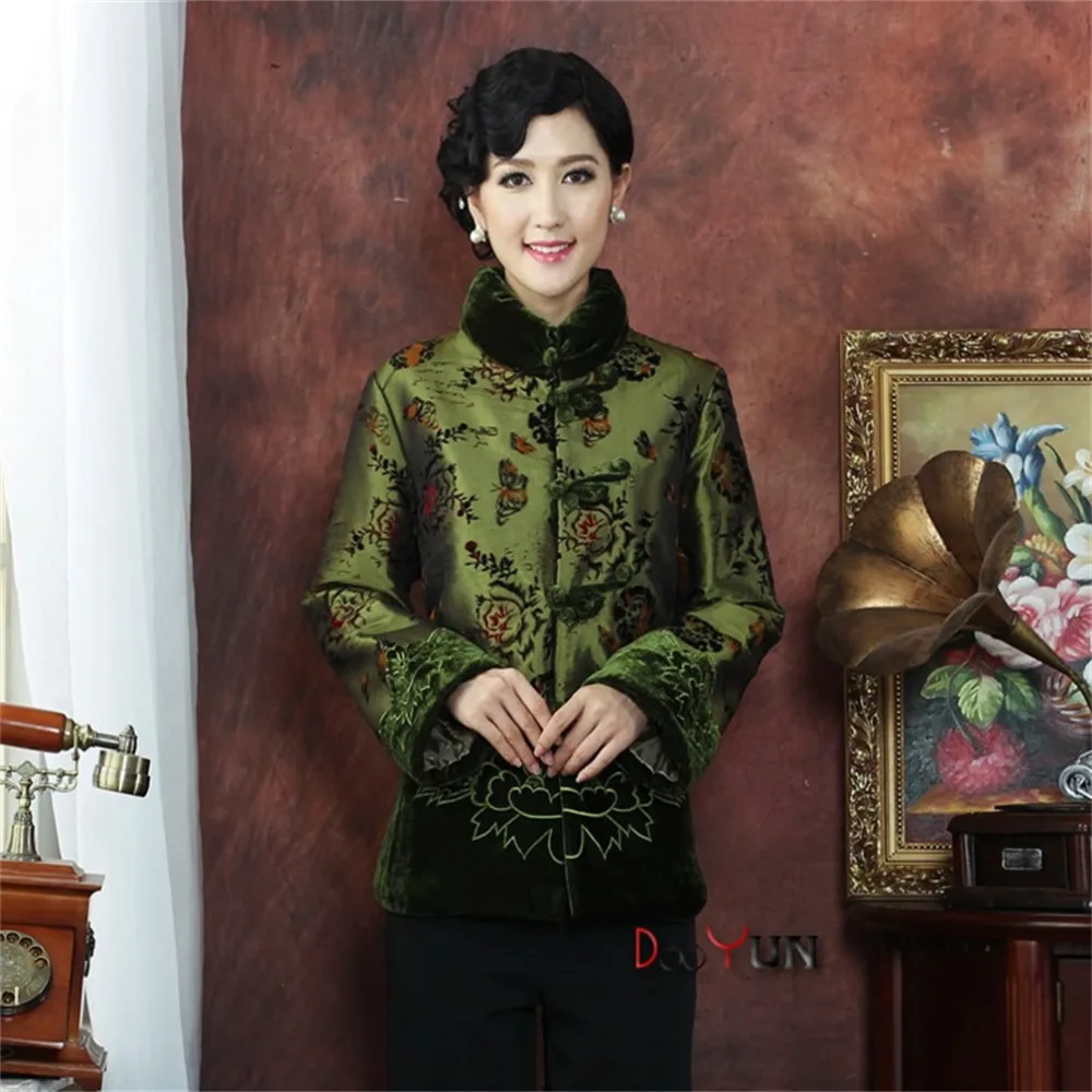 

Скидка зимняя зеленая китайская женская шелковая атласная ватная куртка для женщин среднего возраста костюм с вышивкой Тан верхняя одежда ...