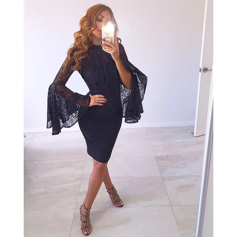 2019 New Winter Bandage Dress Chic Lace O Neck Long Sleeve Black Celebrity Party Sexy Woman Vestidos Wholesale | Женская одежда